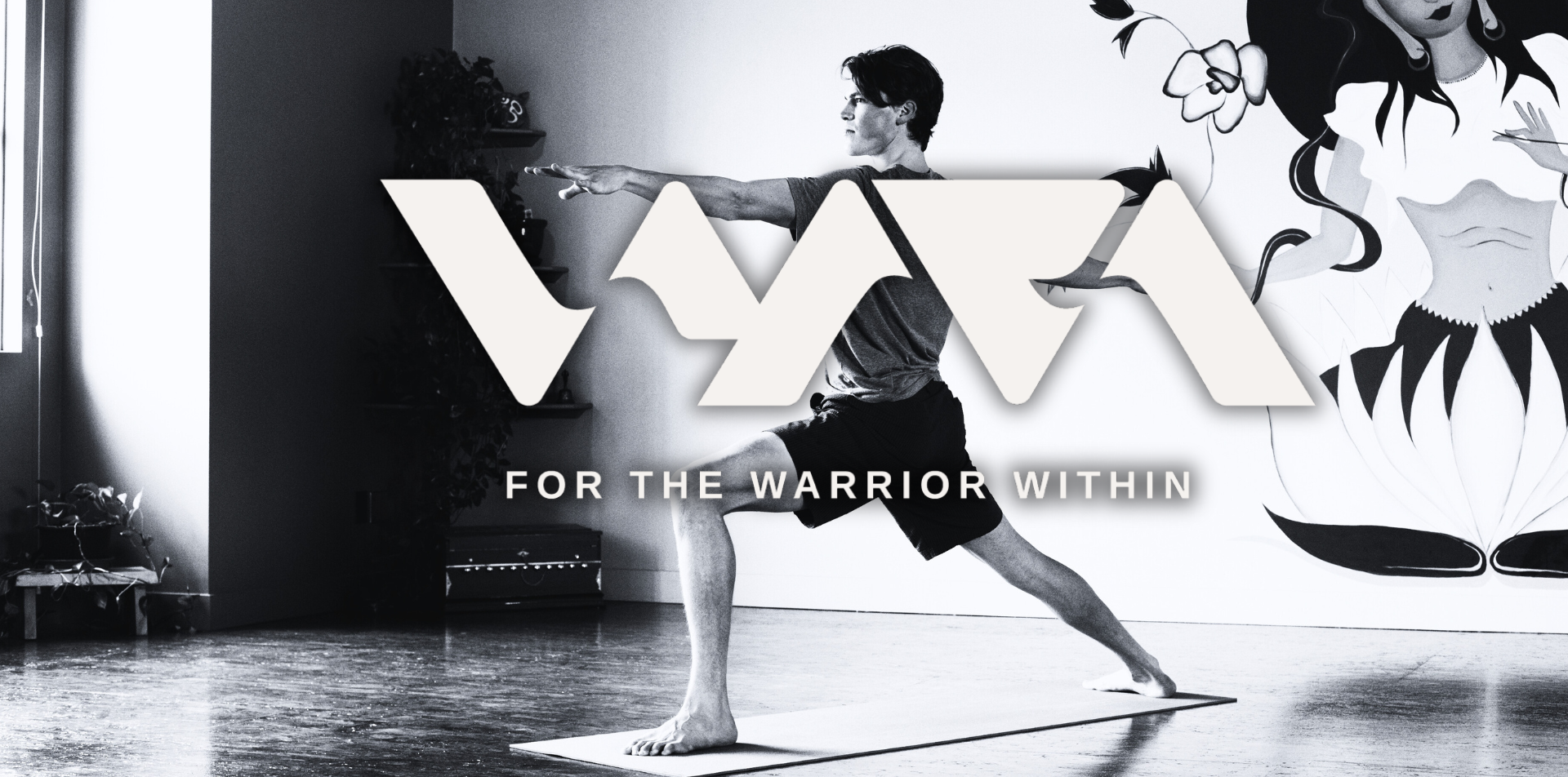 Vyra men's yoga apparel header Banner. Man doing Warrior 2 posture with Vyra 