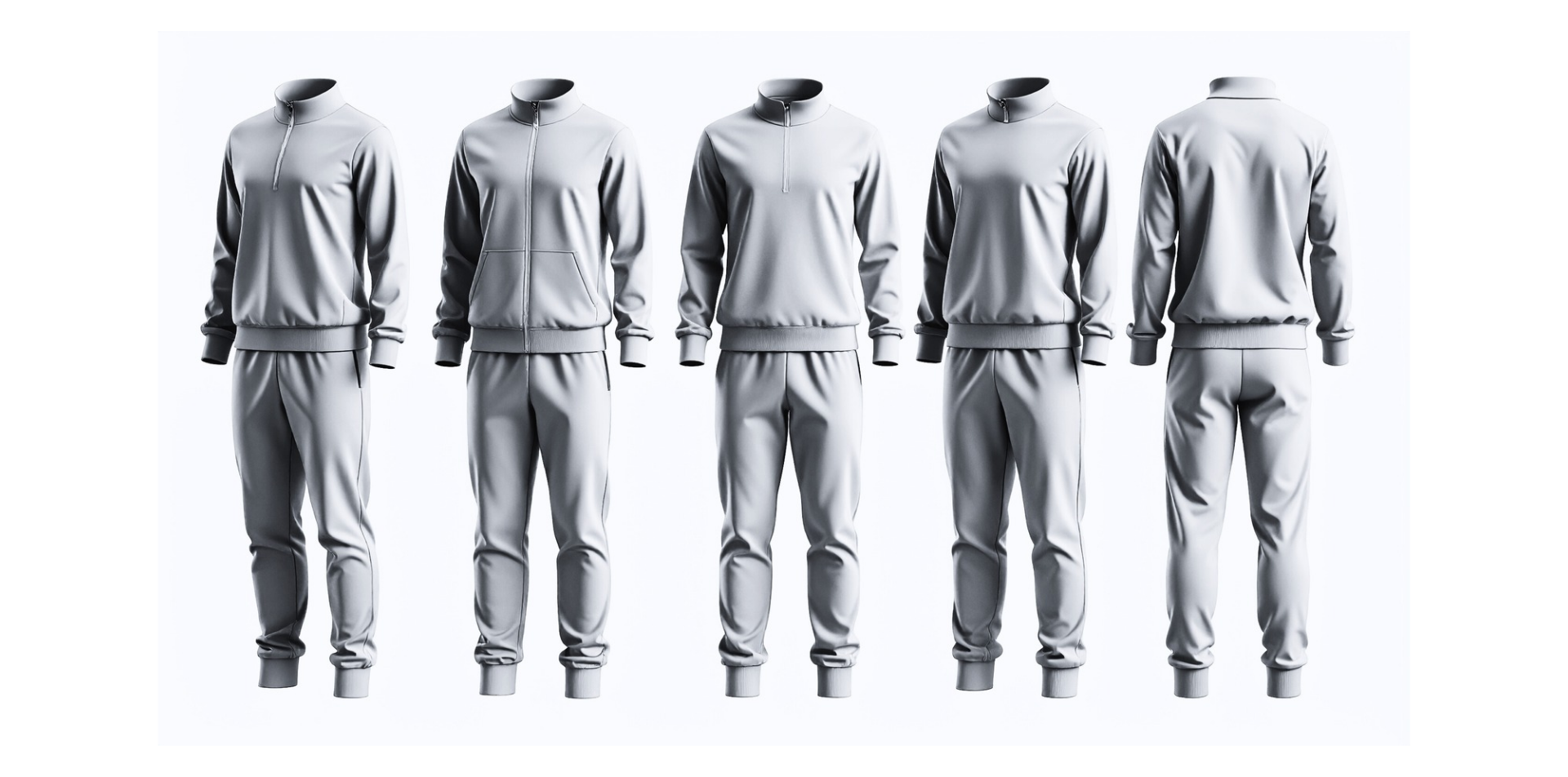 An image of five grey sweatsuits to illustrate the boring sameness of athleisure wear and Lululemon's shift to irrlevance